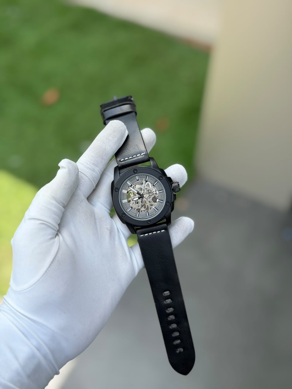Men's Skeleton Automatic Mechanical Watch – Matte Black Case & Leather Strap
