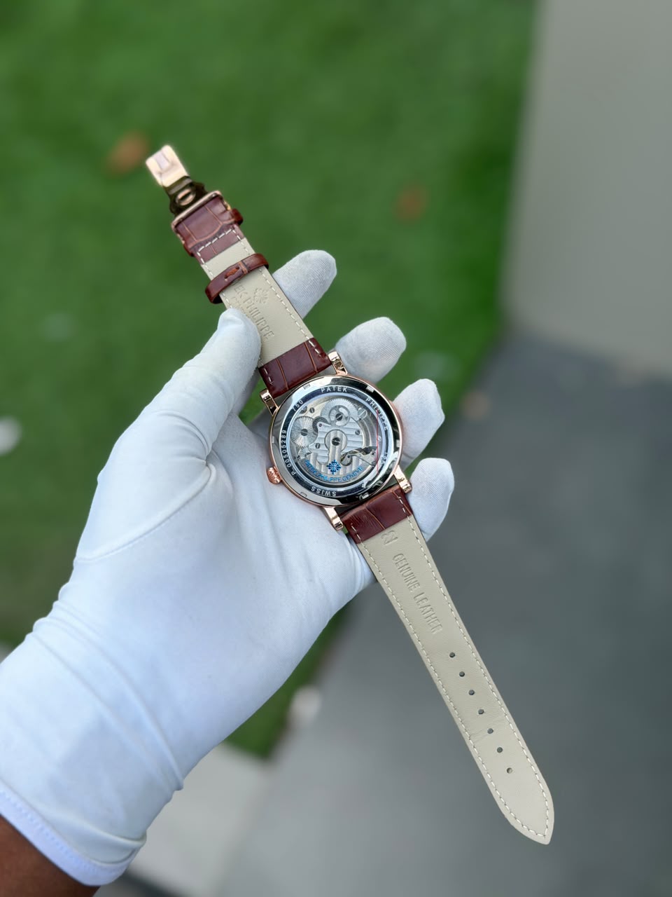 Luxury Rose Gold Automatic Skeleton Leather Watch