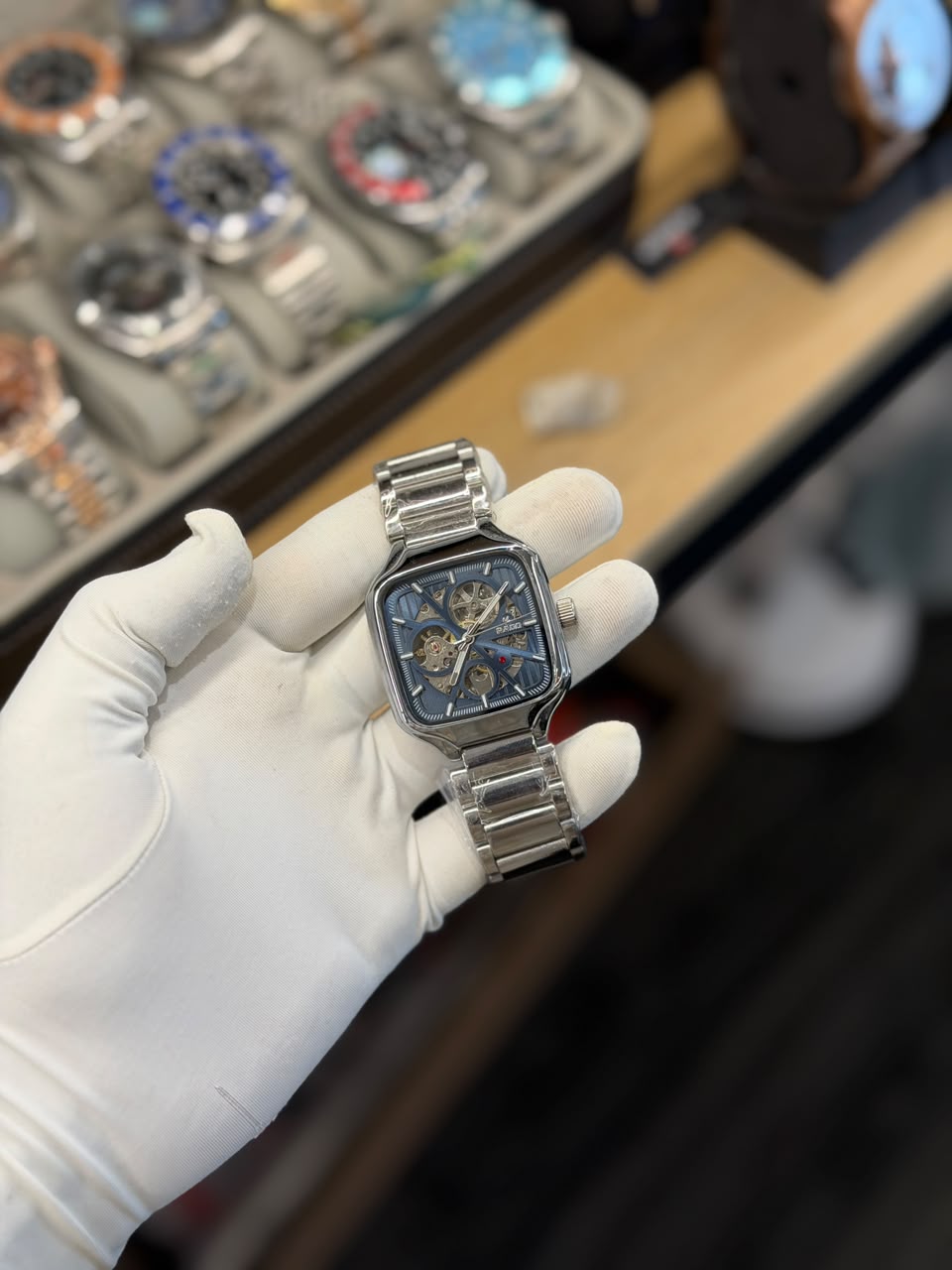 Men's Square Skeleton Automatic Stainless Steel Watch with Blue Dial