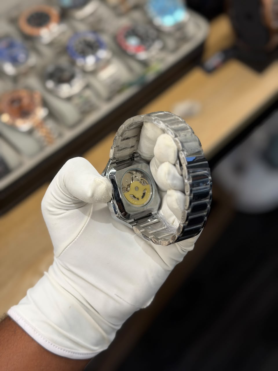 Men's Square Skeleton Automatic Stainless Steel Watch with Blue Dial
