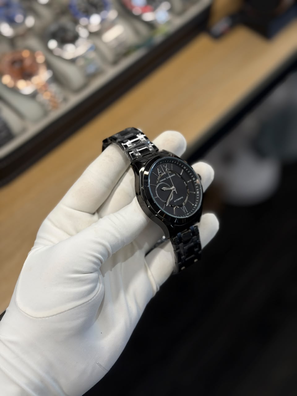 Men's All-Black Automatic Stainless Steel Watch with Textured Dial