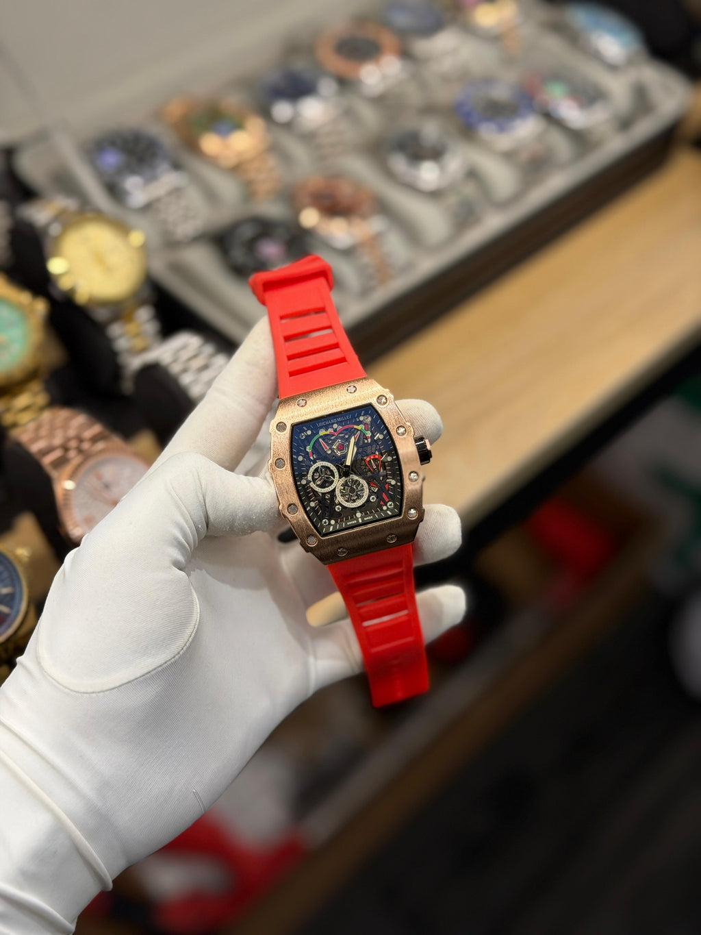 Men's Rose Gold Square Dial Sports Watch – Red Strap