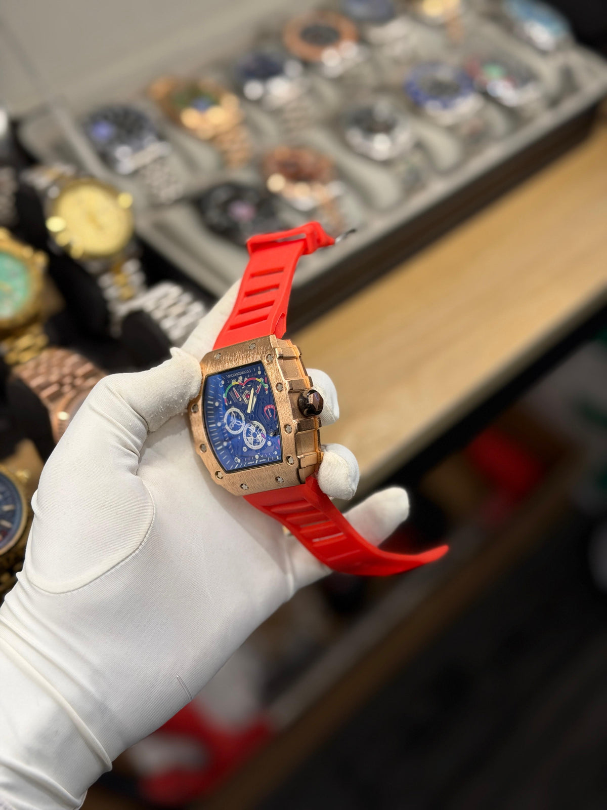 Men's Rose Gold Square Dial Sports Watch – Red Strap