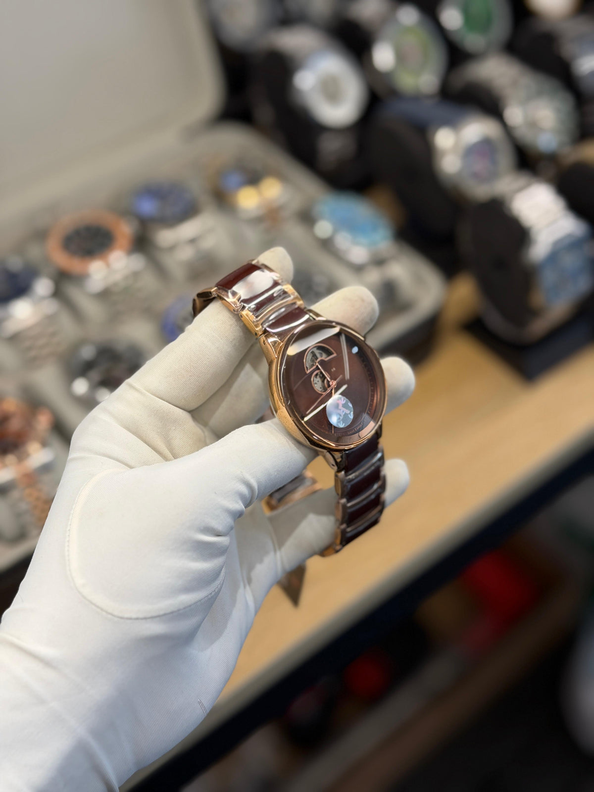 Luxury Brown Dial Automatic Skeleton Watch – Rose Gold Two-Tone Bracelet