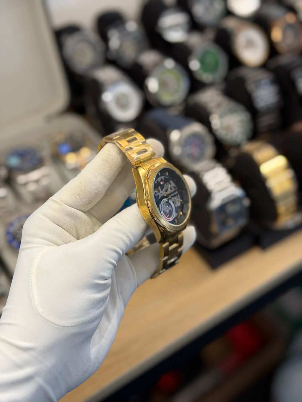 Luxury Gold Skeleton Automatic Watch – Stainless Steel Bracelet