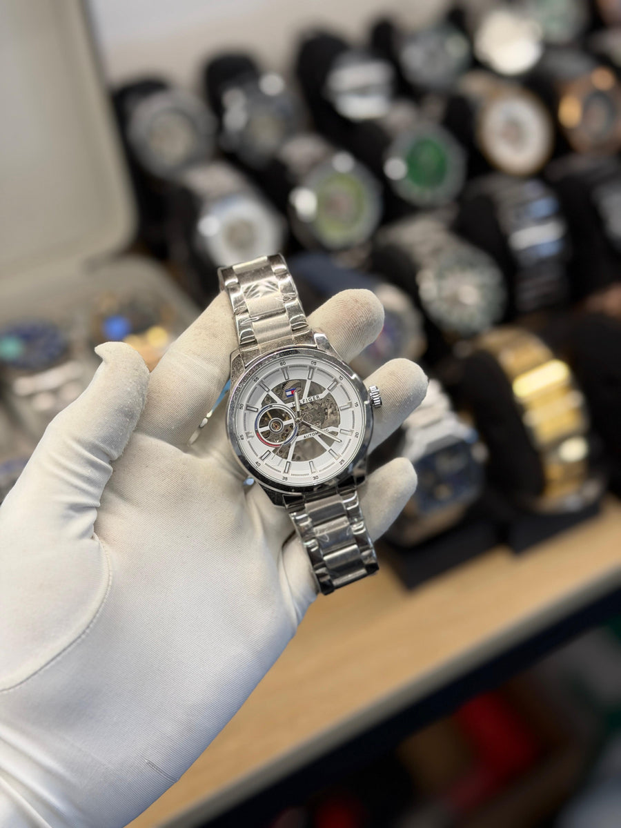 Luxury Silver Skeleton Automatic Watch