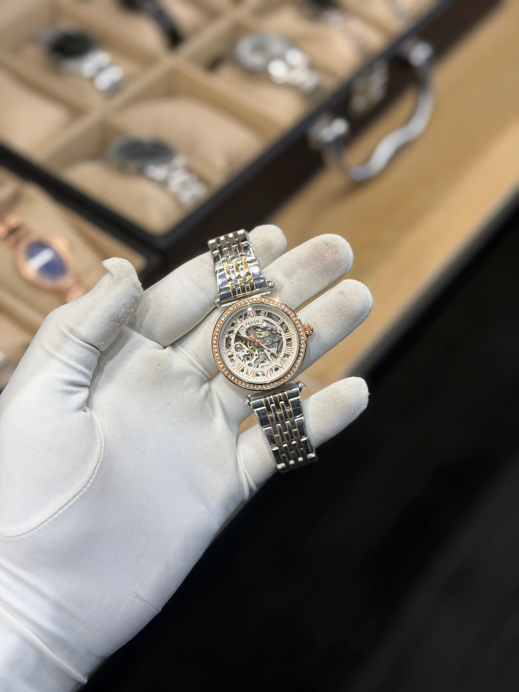 Luxury Two-Tone Skeleton Automatic Watch – Rose Gold & Silver