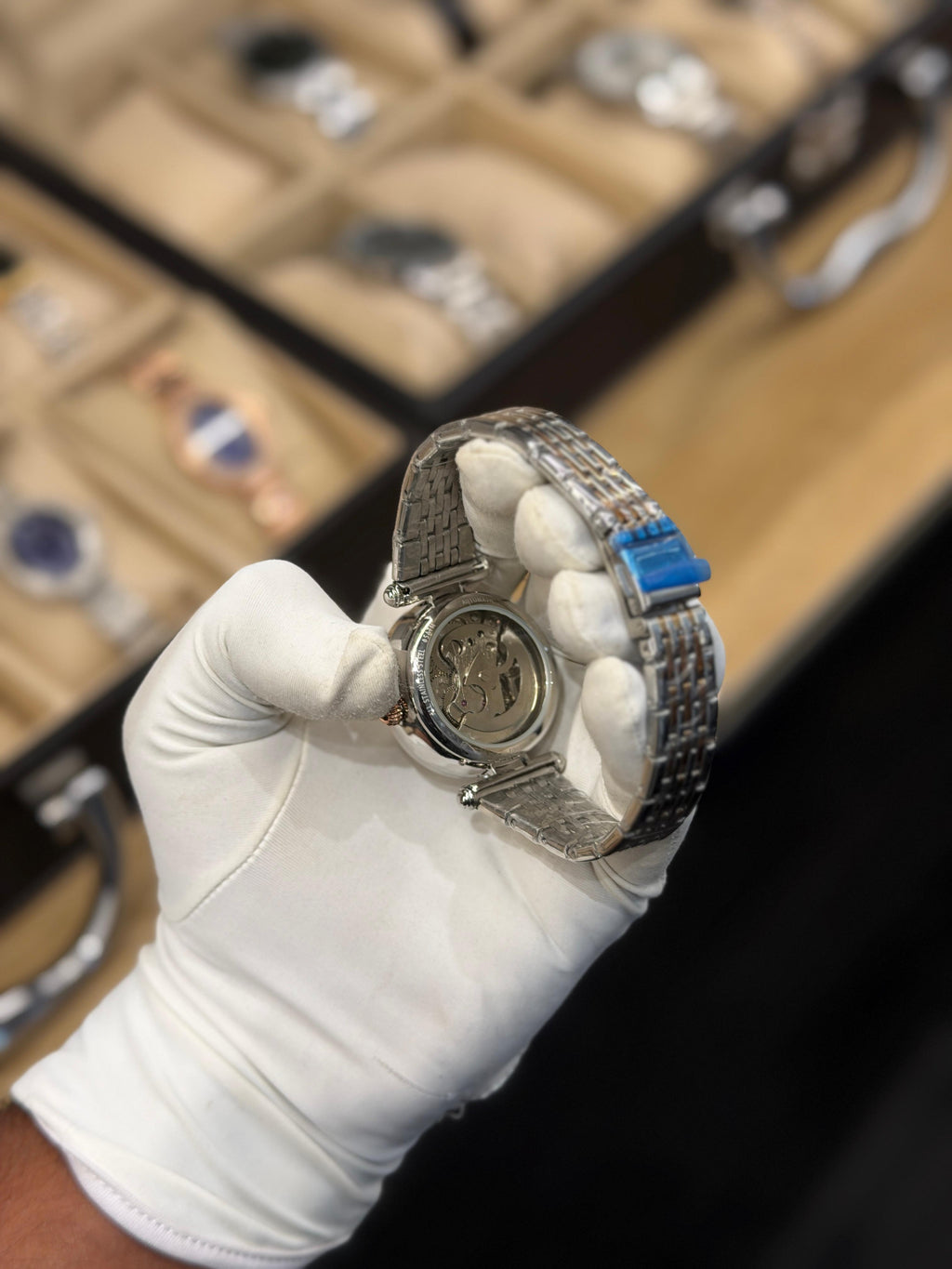 Luxury Two-Tone Skeleton Automatic Watch – Rose Gold & Silver