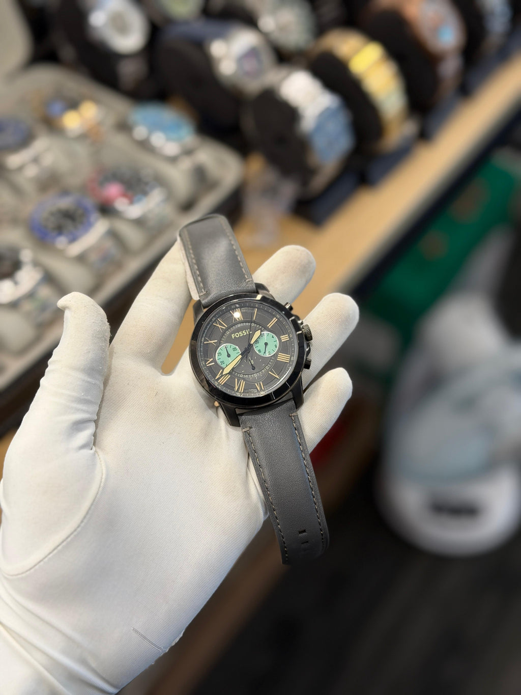 Luxury Black Dial Chronograph-Style Watch – Grey Leather Strap