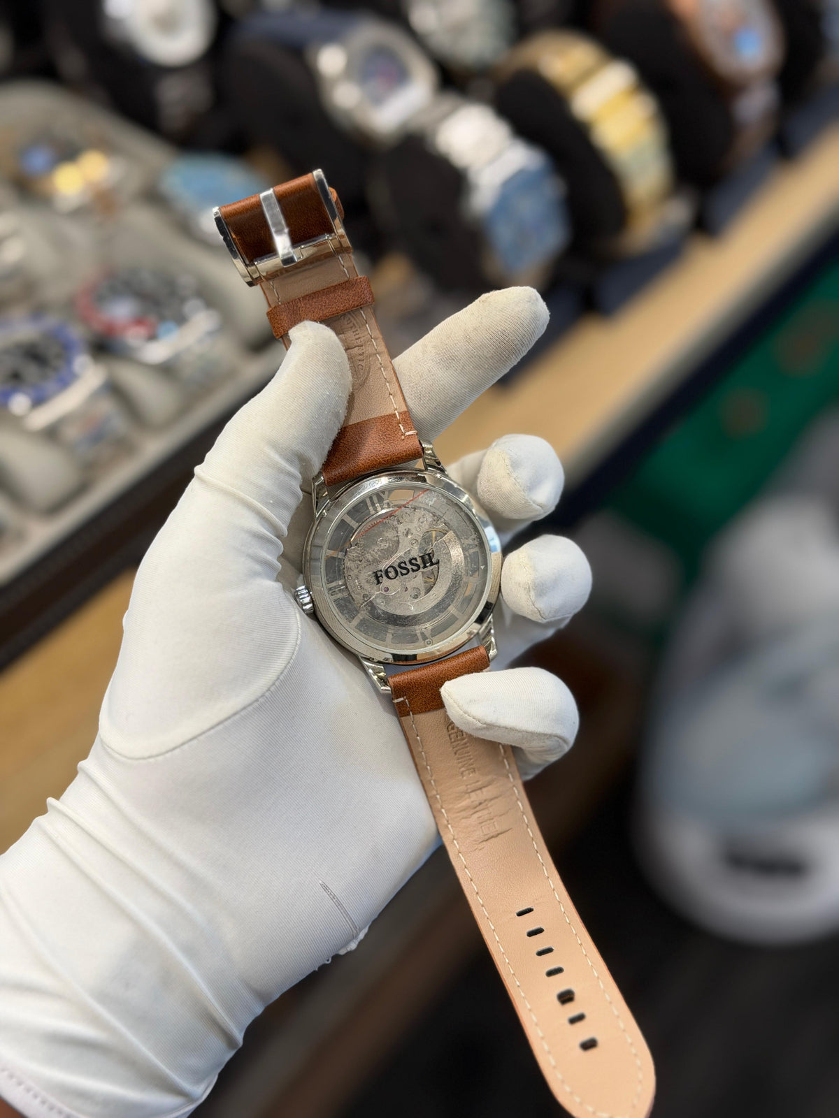 Classic Green Skeleton Automatic Watch – Brown Leather Strap